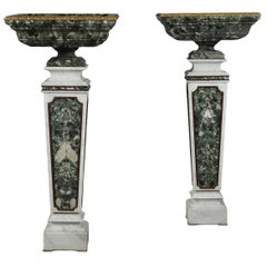 Pair of Marble and Bronze Urns on Marble Pedestals, France, Early 20th Century
