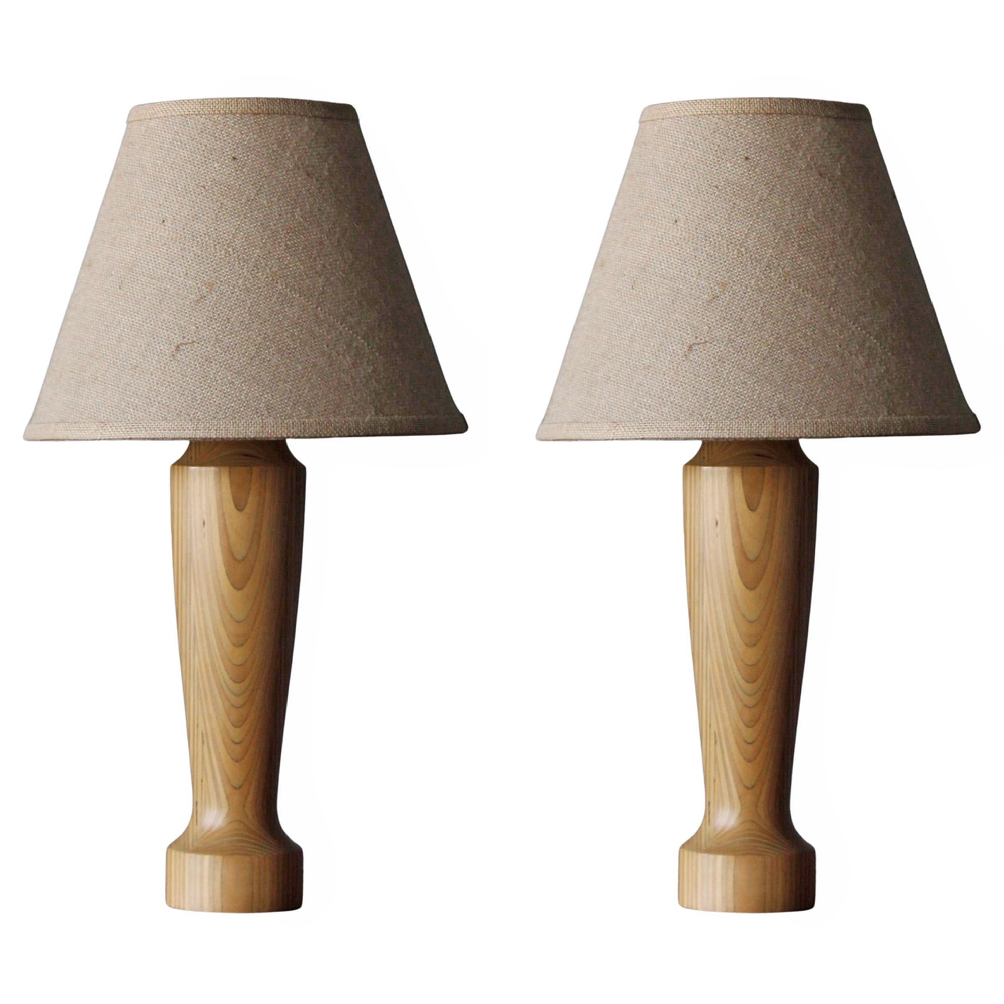 Swedish, Modernist Table Lamps, Laminated Turned Wood, Fabric, Sweden, 1960s