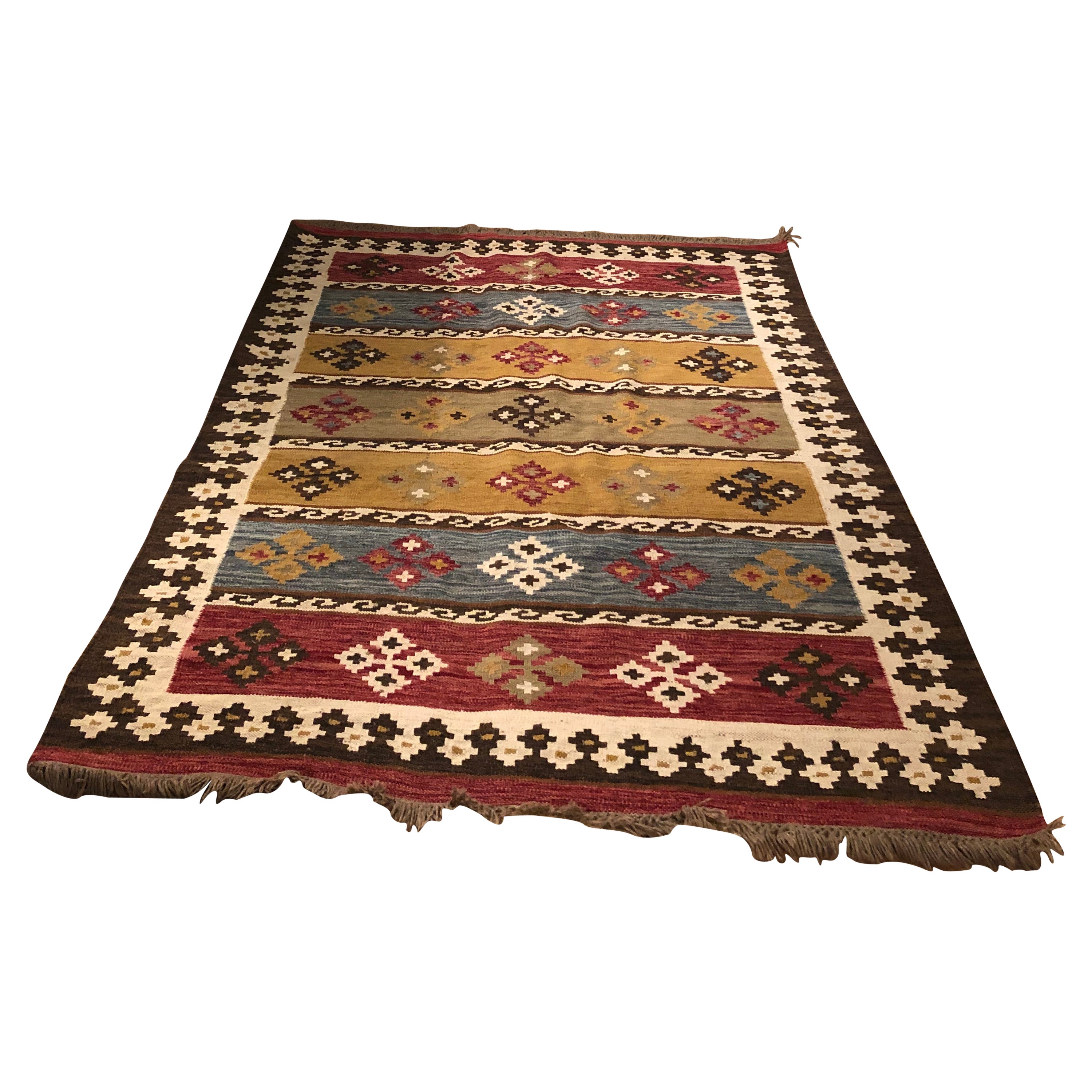 Striking Classic Kilim Rug in Brown Rust Blue and Cream For Sale