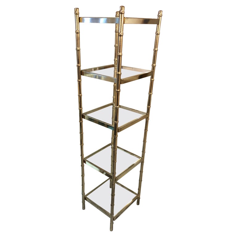 Versatile Brass Faux Bamboo Etagere with 5 Glass Shelves For Sale at 1stDibs