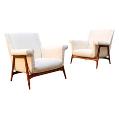 Italian Mid Century Modern White Fabric and Solid Wood Pair of Armchairs with Ar