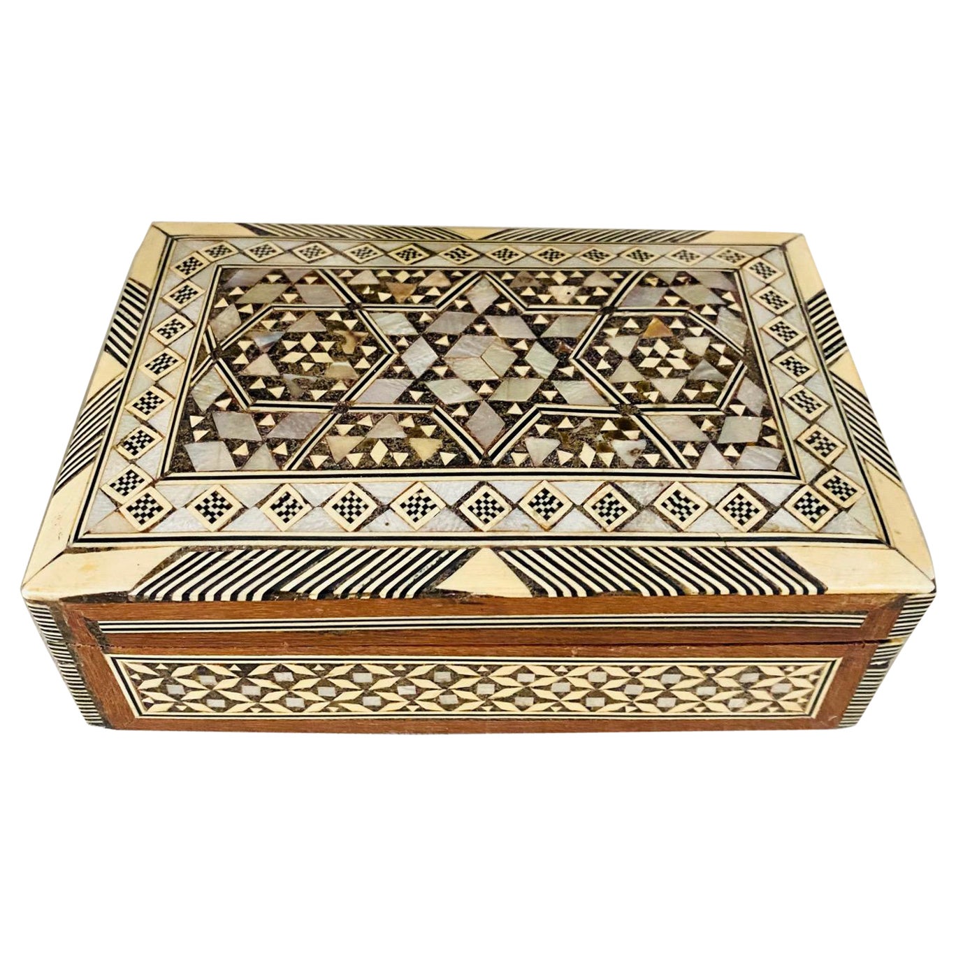 Mosaic Wood Box with Inlays of Bone and Mother of Pearl, Middle East, C. 1950s