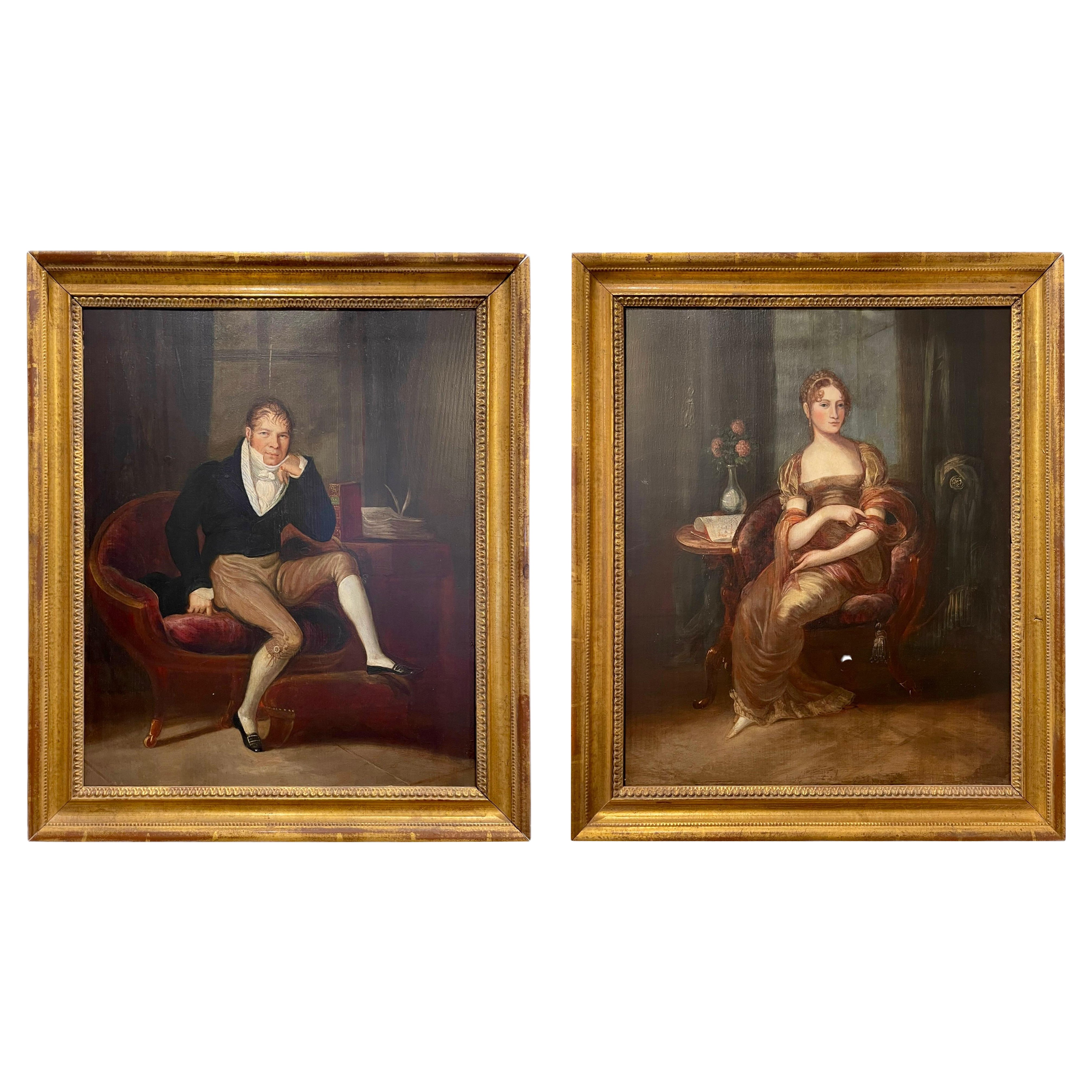 Paire de portraits anglais du début du 19e siècle de la période Regency