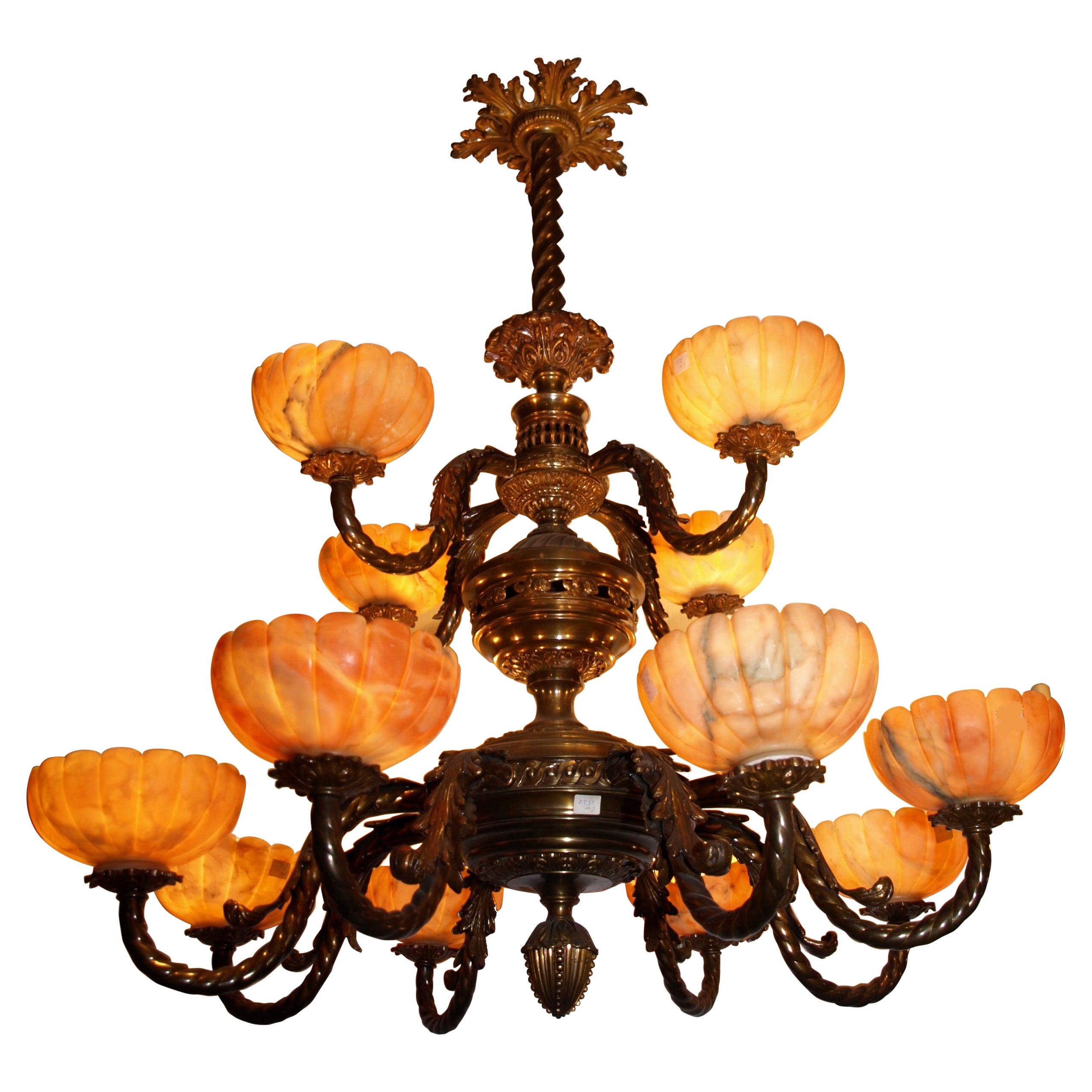 English Heavy Bronze TwoTier Chandelier with 12 Arms, Circa 1900 at