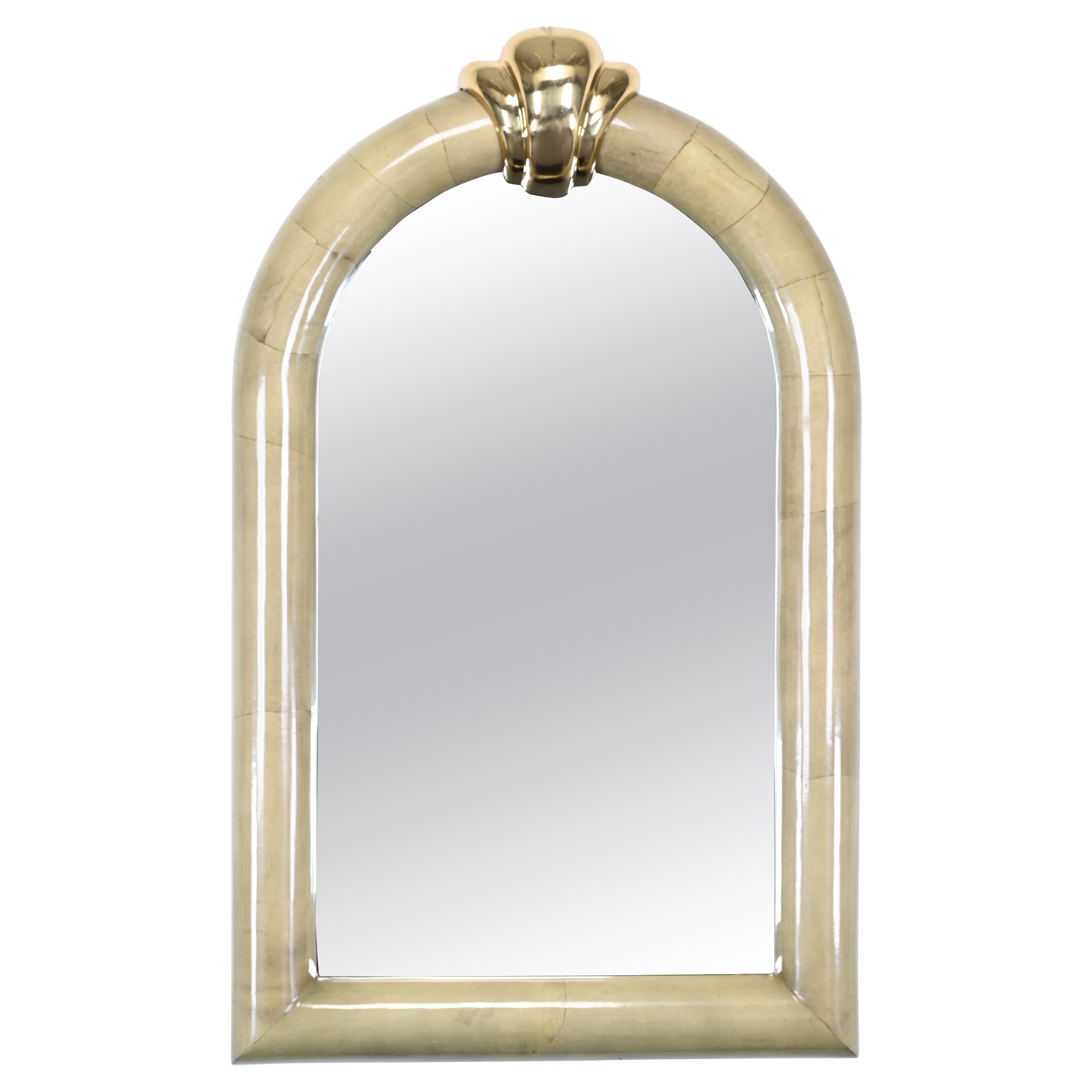 Parchment and Brass Mirror in the Style of Karl Springer, 1980s