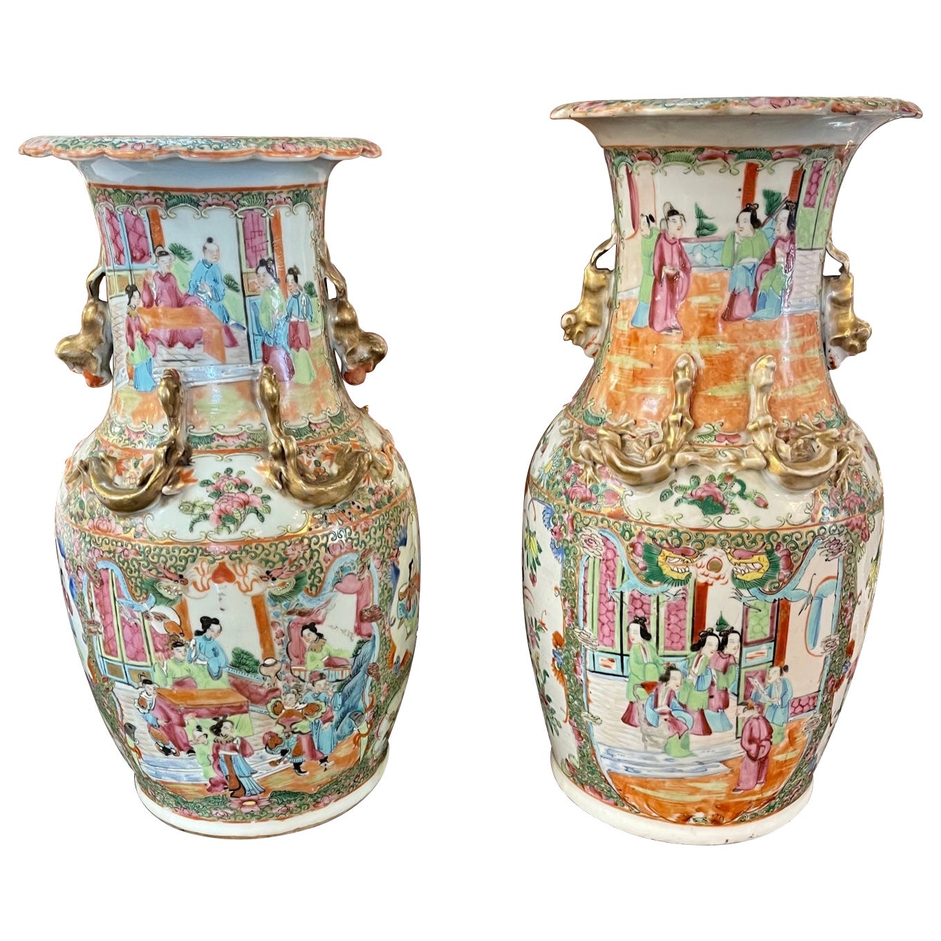 Near Pair of 19th C. Chinese Rose Medallion Vases