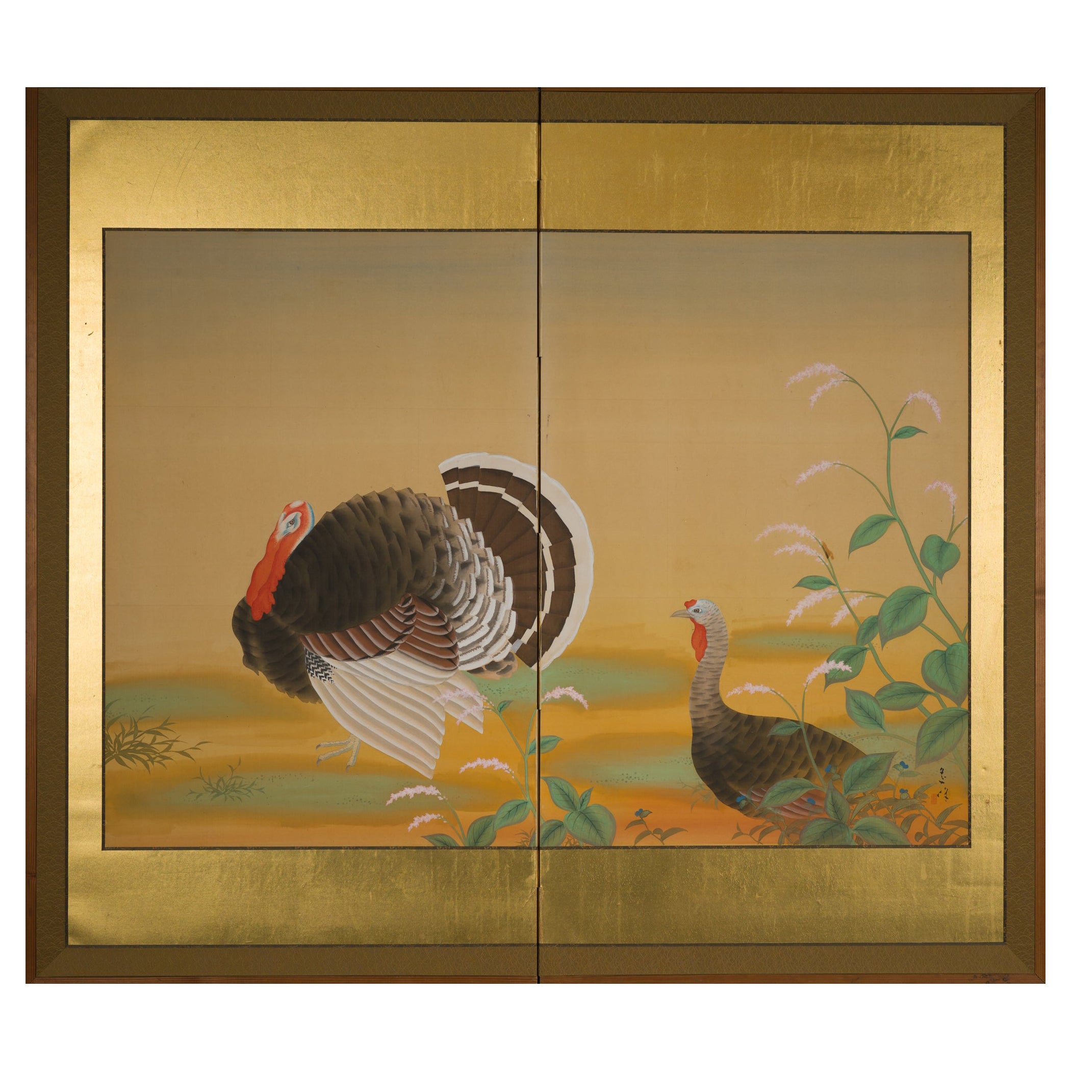 Japanese Two Panel Screen, Turkeys