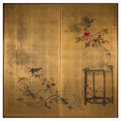 Japanese Two Panel Screen: Ikebana 'Flower Arrangement'