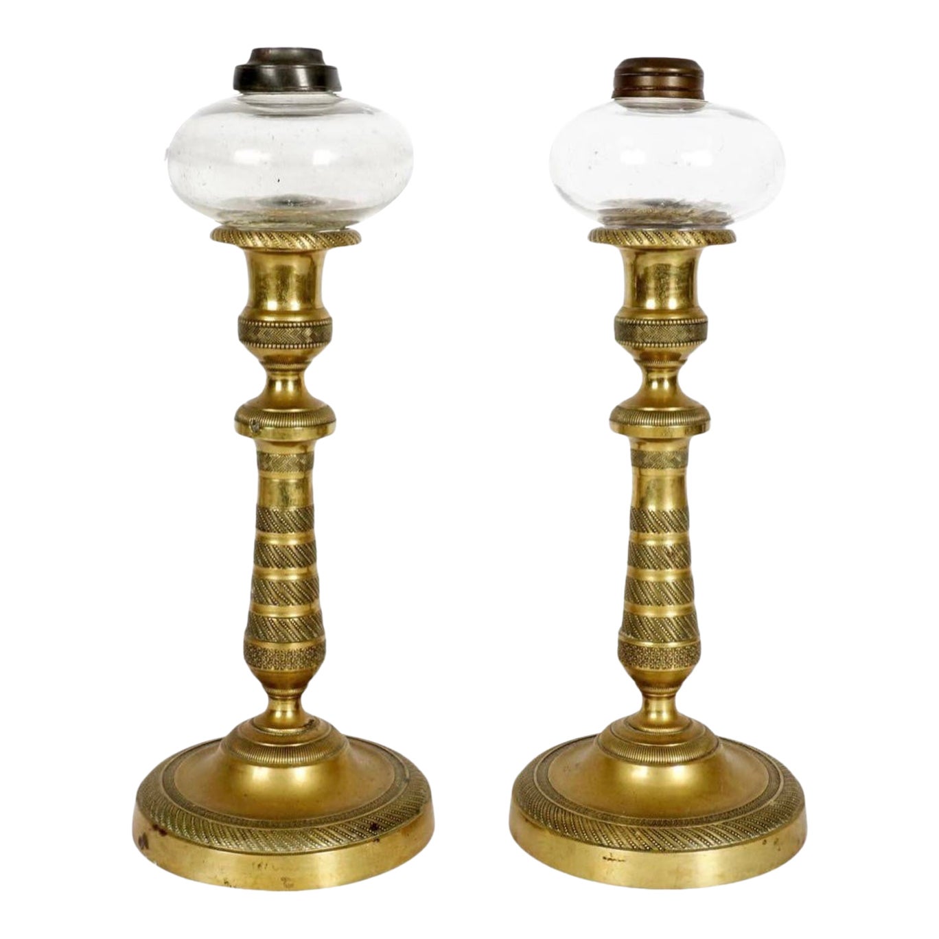French Empire Gilt Bronze Oil Lamp Candle Sticks, a Pair