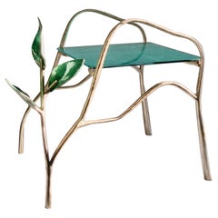 'Petal Table', Solid Bronze Side Table with Ceramic Leaves and Blue Gilded Glass