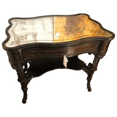 Handsome Carved Ebonized Wood Side Table with Aged Mirror Top