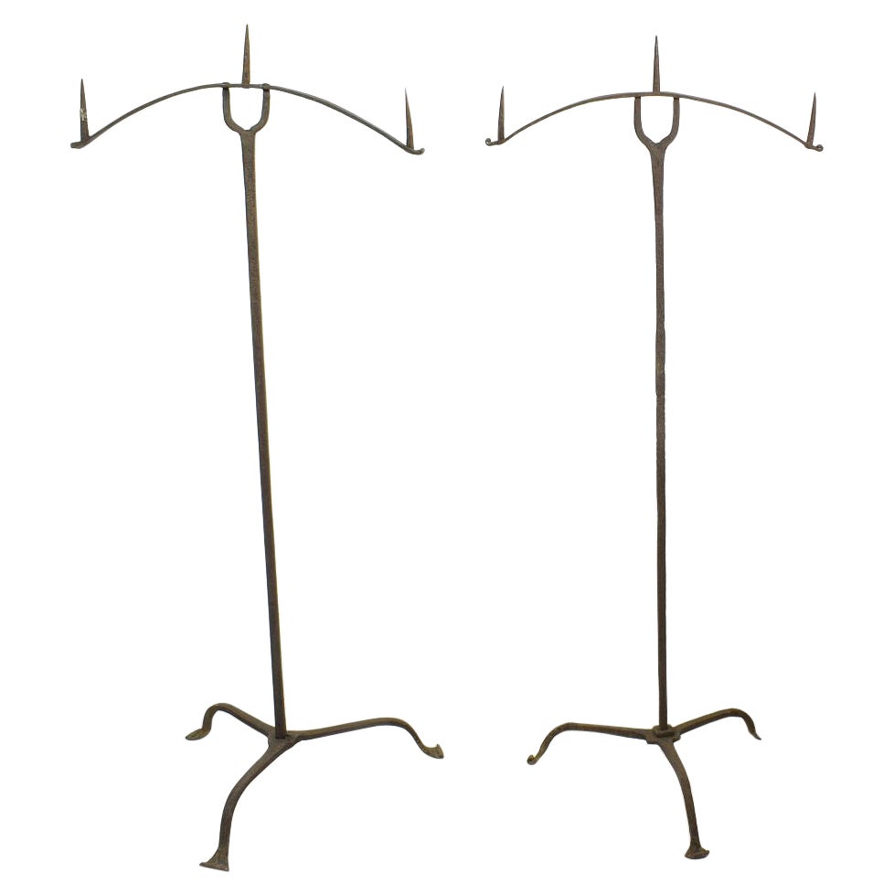 French Pair of 17th Century Hand-Forged Iron Candleholders
