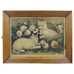 1873 Antique Currier & Ives Kitties Kittens Among Roses Lithograph Print