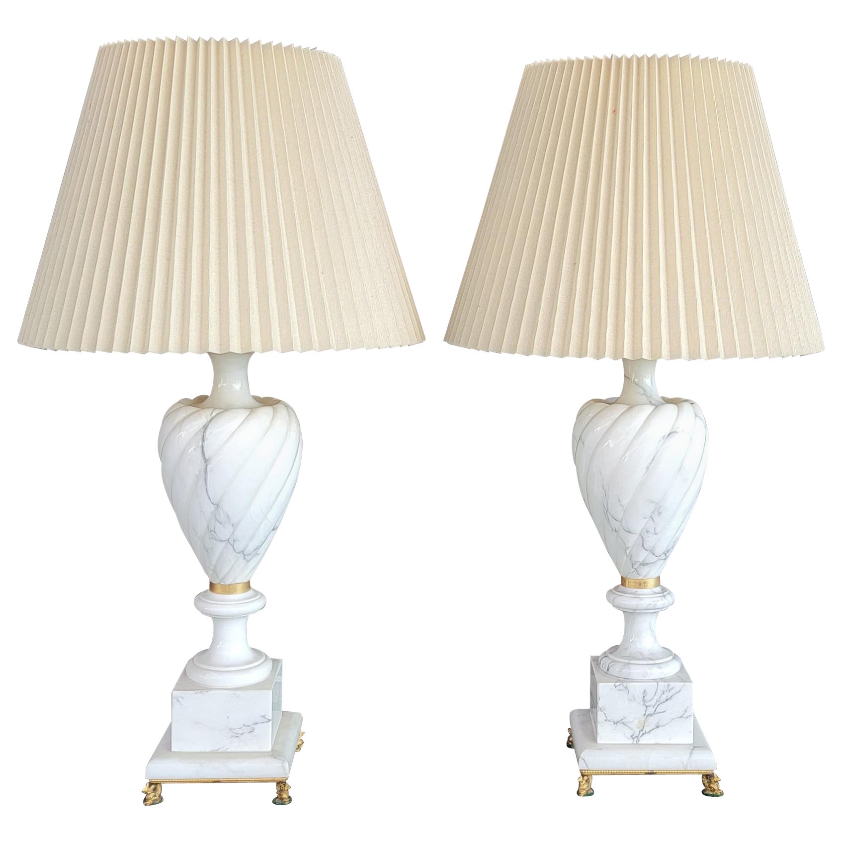 Pair Alabaster Lamps with Brass Mounts For Sale