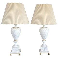 Retro Pair Alabaster Lamps with Brass Mounts