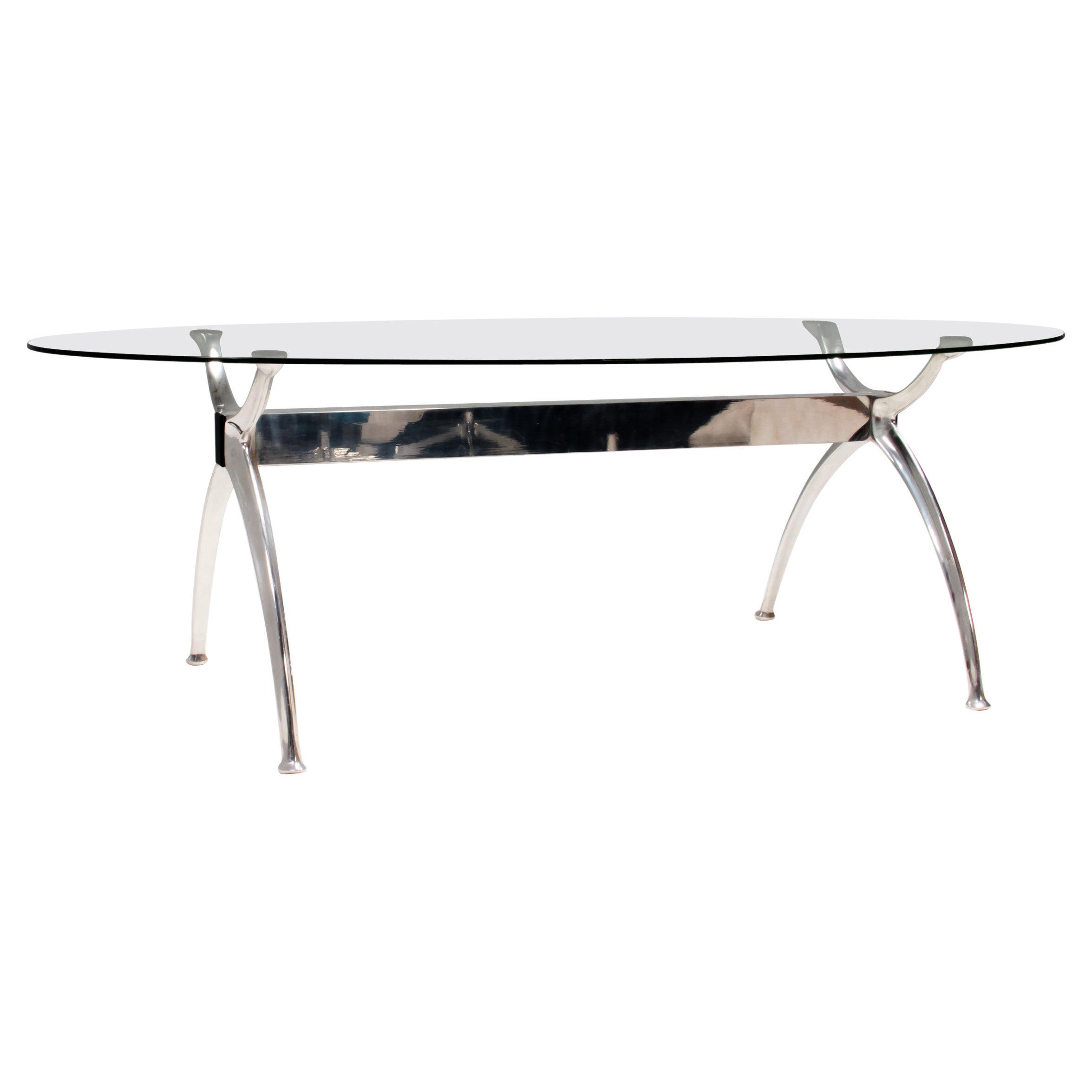 Oval Glass and Chrome Dining Table in the Style of Charles and Ray