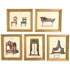 Set of 5 Framed Prints of 19th C. English Hand Colored Etchings of Furniture