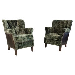 Matching Pair of Shearling and Leather 1920's Style Club Chairs