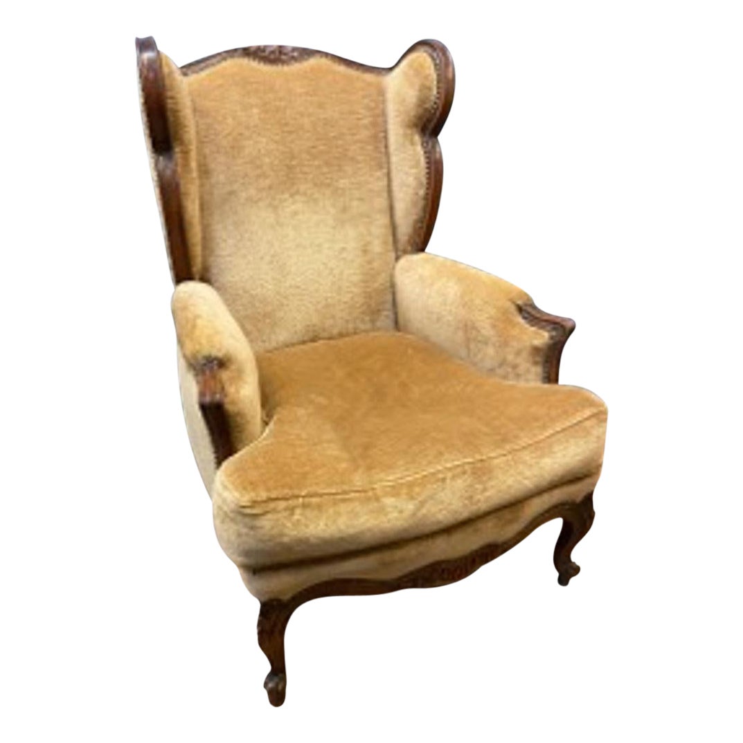 Mid-19th Century French Oak Armchair with Tan Velvet and Tapestry Upholstery