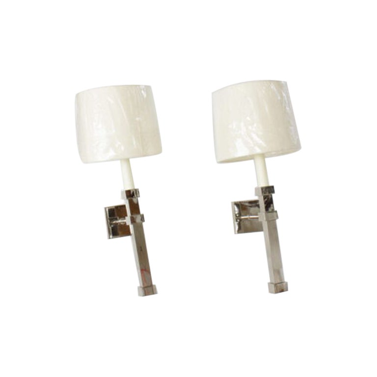 Late 20th Century Top Brass Polished Nickel Square Column Sconces – A Pair For Sale