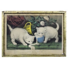 1870s Antique Currier & Ives Little White Kitties Into Mischief Lithograph Print