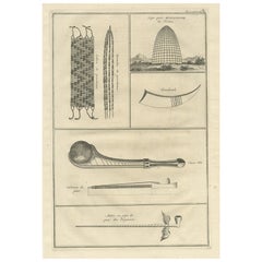 Old Print of a Tomahawk, a Peace Pipe, Jewellery, Etc of Indians, Virginia, 1727