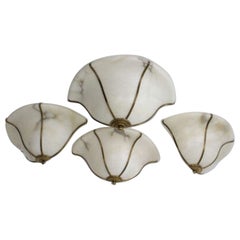 Late 20th Century Alabaster Half Bowl Sconces with Brass Ribs- Four Available