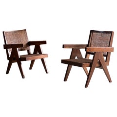 Vintage Pierre Jeanneret Model PJ010104T Easy Low Armchairs Pair Set 1, Circa 1953-54