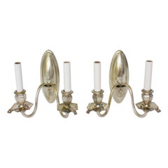 Pair of Double Arm Silverplate Sconces with Oval Backplate and Delicate Arms
