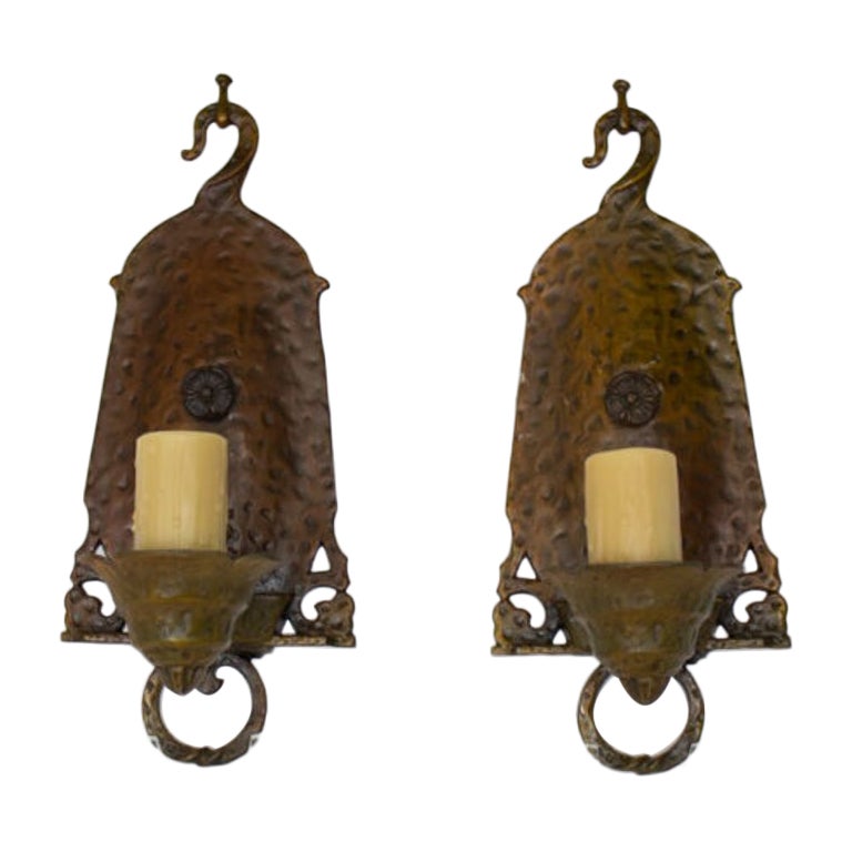 Early 20th Century Arts & Crafts Hammered Metal Sconces, a Pair For Sale
