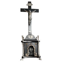 Antique Altar Crucifix Detailed Silvered Bronze Sculpture of Christ & Monstrance