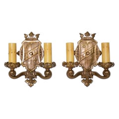 Antique 1920’s Tudor Style Bronze Two Arm Lincoln Manufacturing Sconces – A Pair