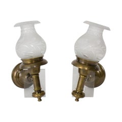 Early 20th Century Argand Sconces with Floral Cut Glass Shades, a Pair