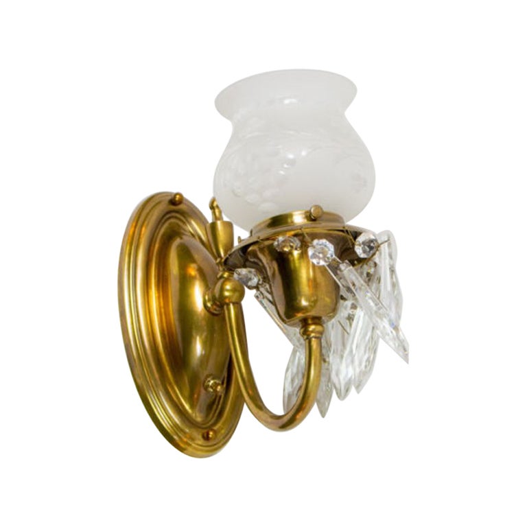 Colonial Revival Brass Sconces with Original Glass Shades and Crystal For Sale