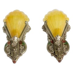 Pair of Art Deco Silver and Polychrome Slipshade Sconces
