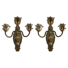 Three Light Bronze Sconces with Acanthus Leaves, a Pair
