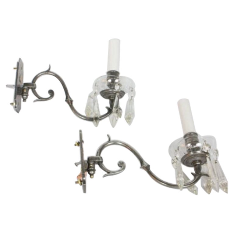 Early 20th Century Pair Antique Nickel and Crystal Sconces For Sale