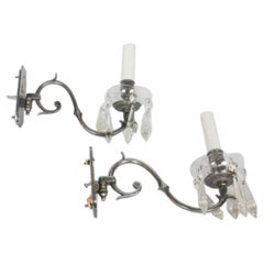 Early 20th Century Pair Antique Nickel and Crystal Sconces