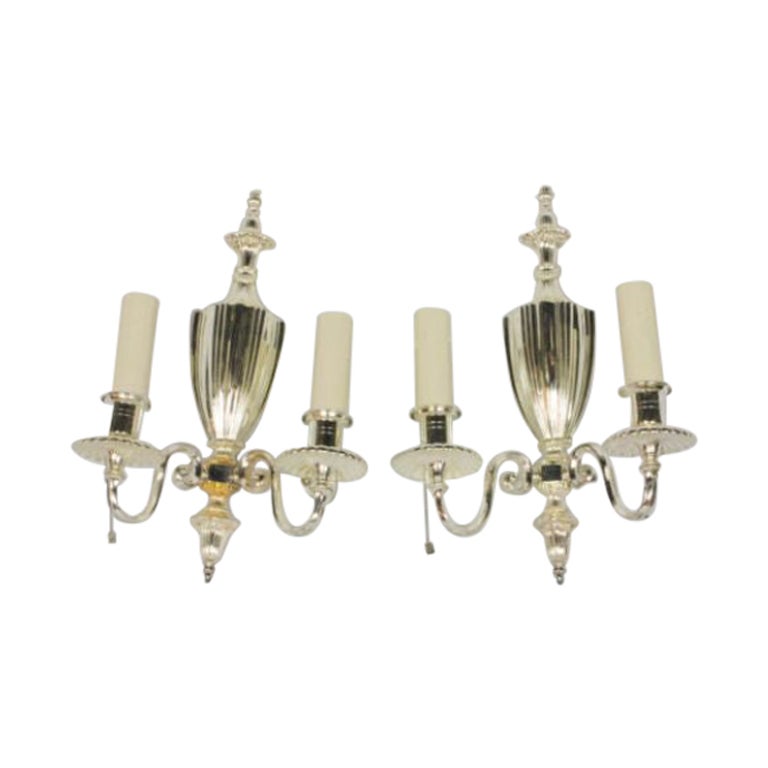 Pair of Two Arm Silver Plate Sconces For Sale