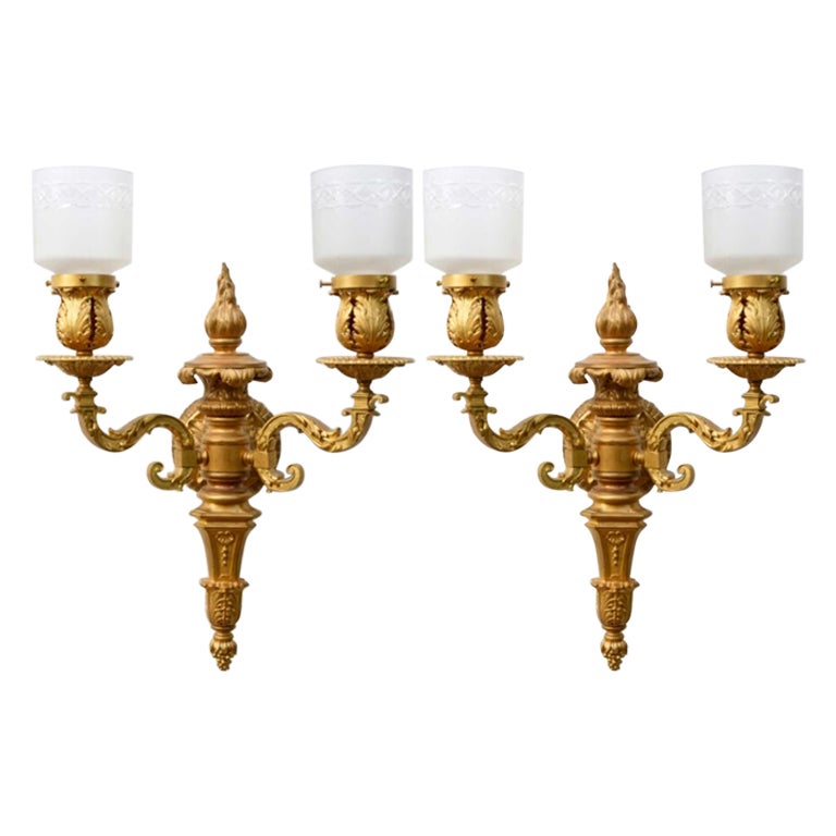 Pair of Double Arm Gilt Sconces with Cut Glass Shades For Sale