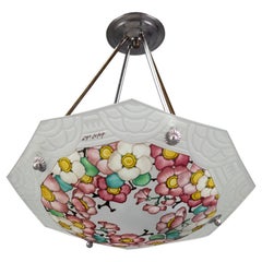 French Art Deco Loys Lucha Signed Enameled Floral Glass Pendant Light, 1930s