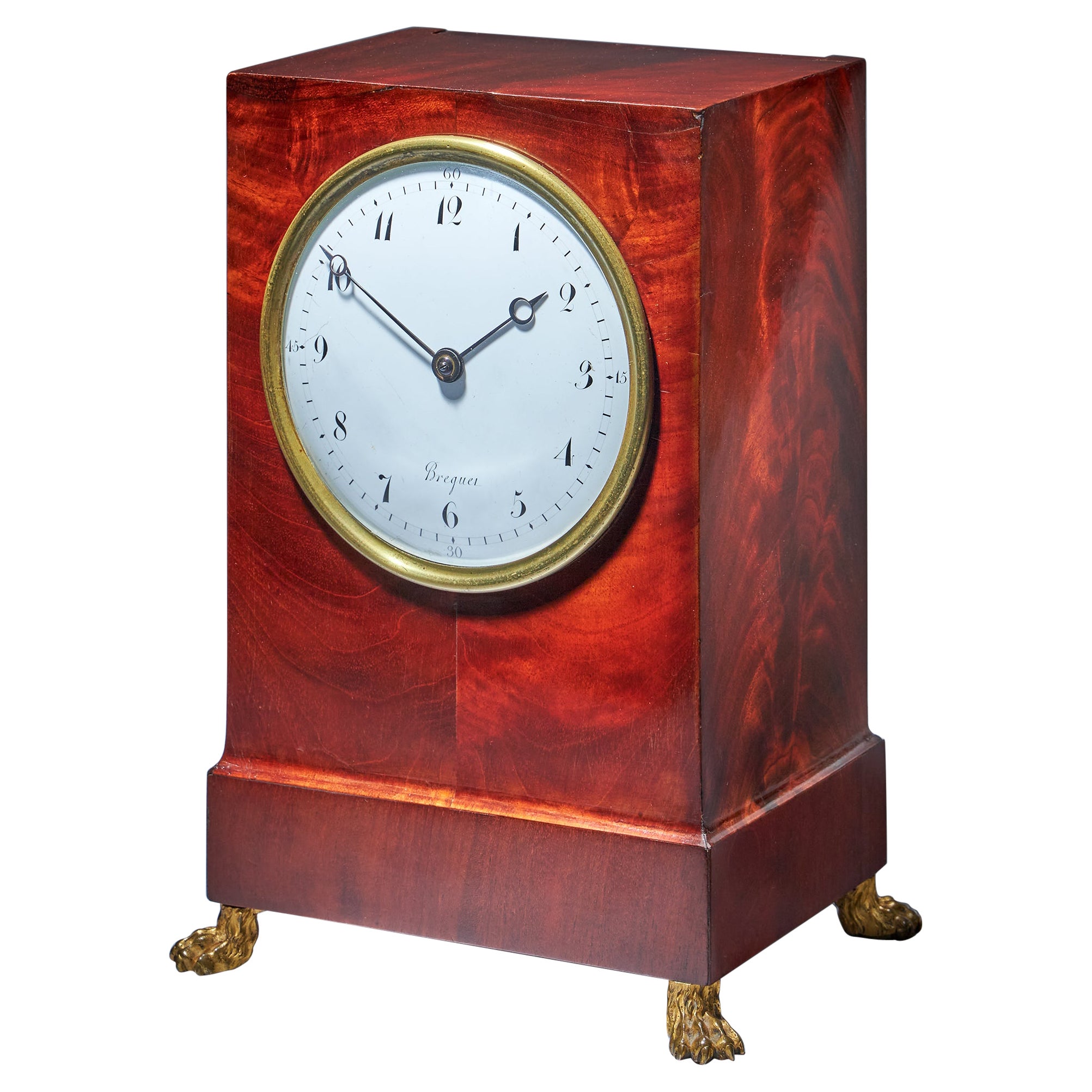 19th-Century Flame Mahogany Mantel Clock by Breguet Raised by Lion Paw Feet For Sale