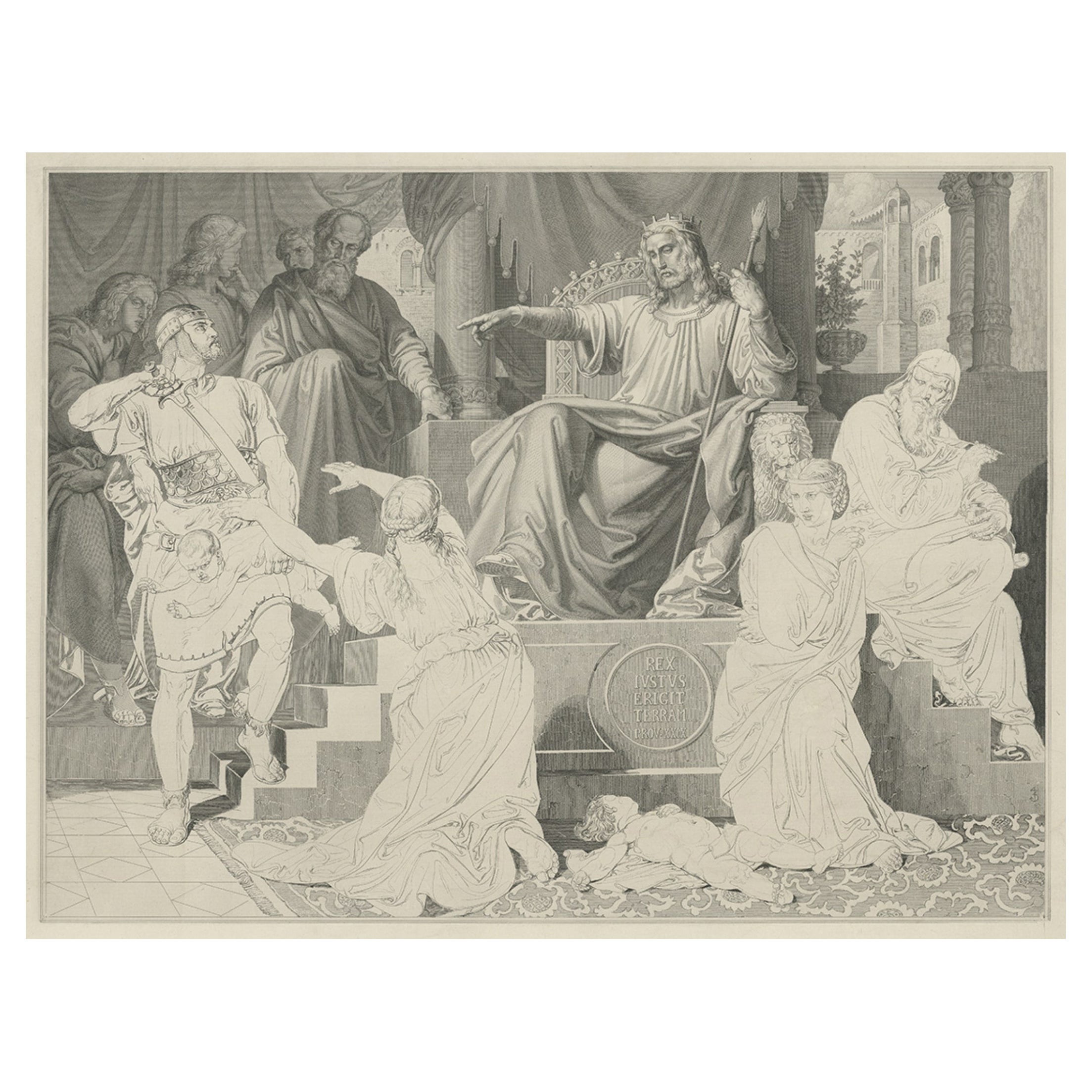 Old Print Depicting the Judgement of Solomon, Story of the Hebrew Bible, c.1890 For Sale