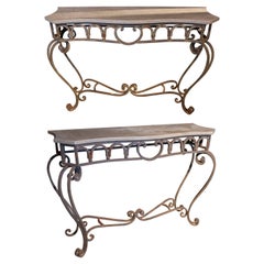 Vintage Pair of Mid-20th Century French Wrought Iron Console Tables w/ Marble Top