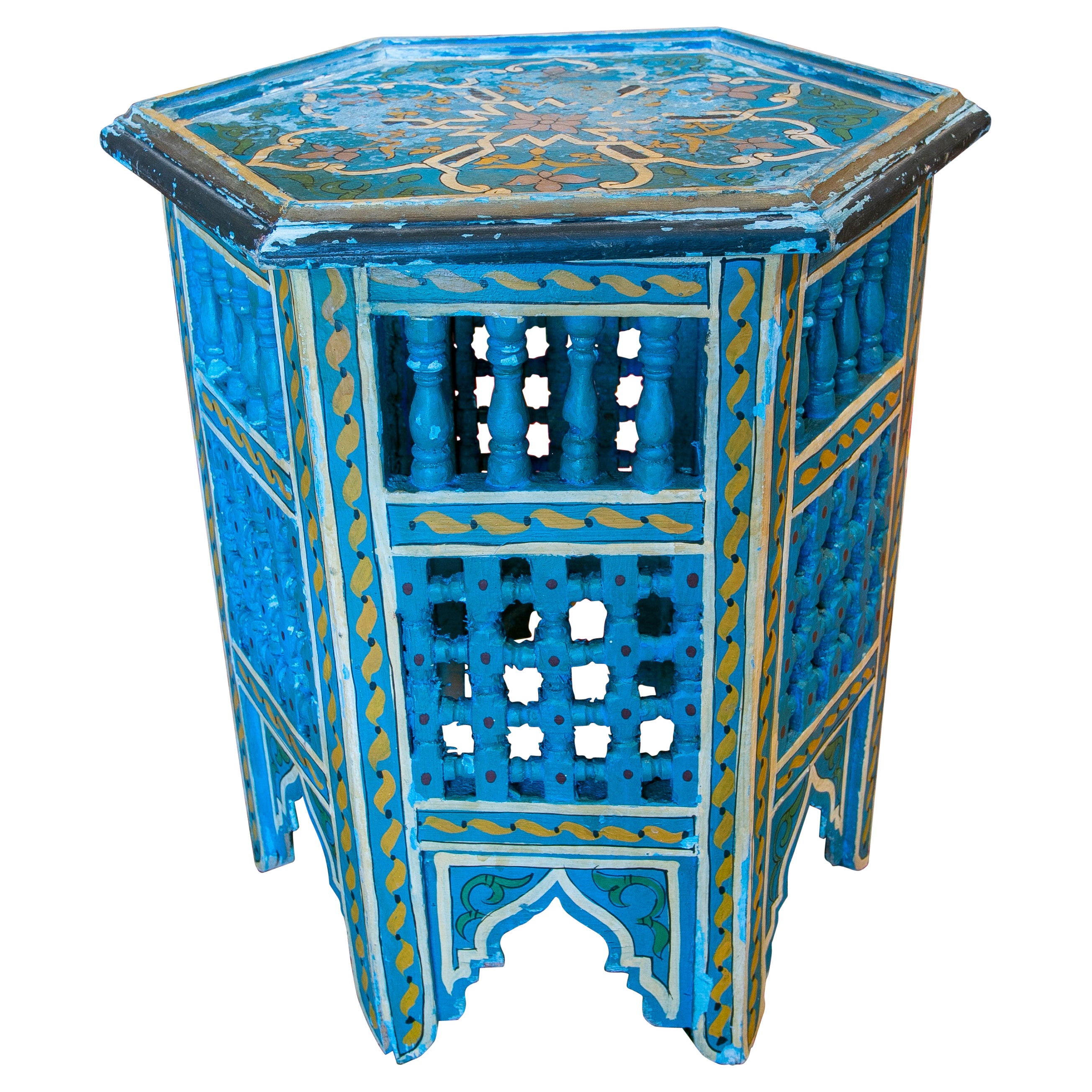 Marokkanischer handbemalter sechseckiger Holzsockeltisch aus der Mitte des 20. Jahrhunderts