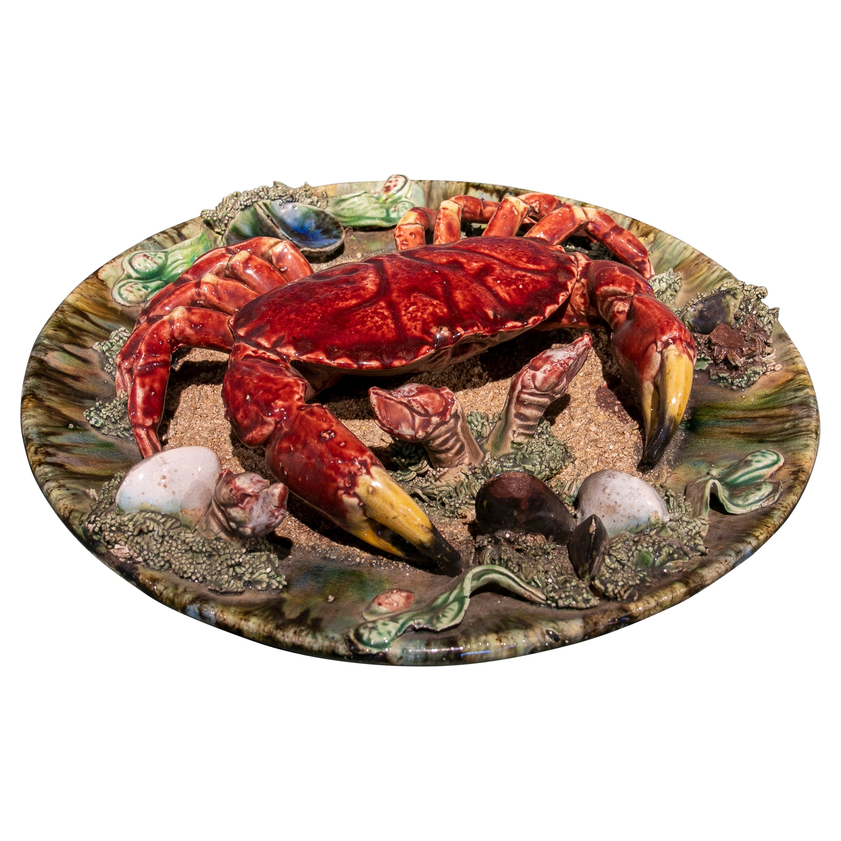 1940s Portuguese Majolica Palissy Ware Crab Wall Platter