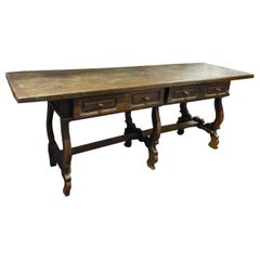 Antique Walnut Table with Drawers, Richly Carved, 18th Century Spain