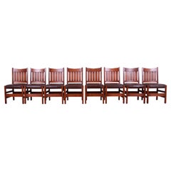 Gustav Stickley V-Back Oak and Leather Dining Chairs by Warren Hile Studio