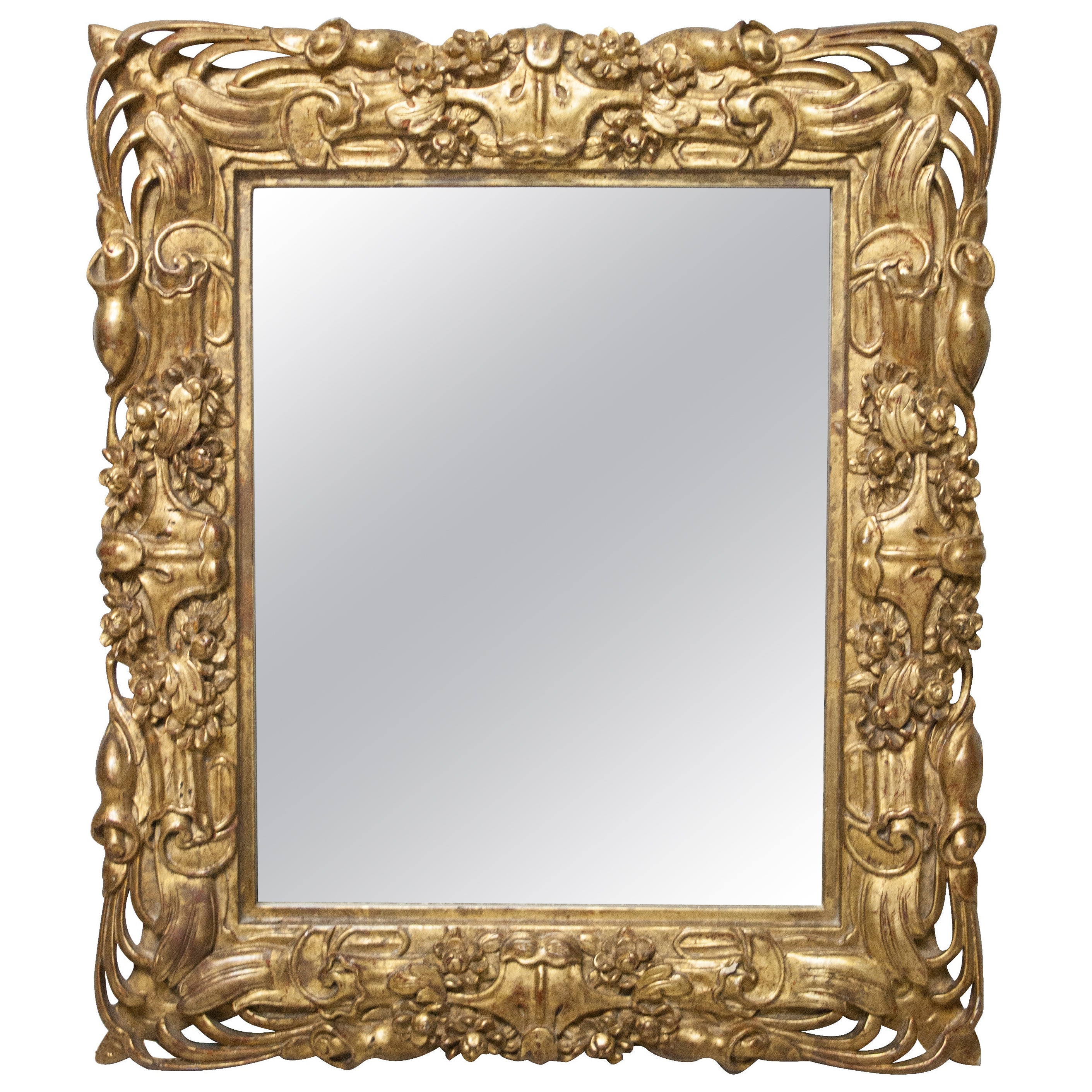 Art Nouveau Style Rectangular Gold Foil Hand Carved Wooden Mirror, 1970