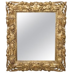 Vintage Art Nouveau Style Rectangular Gold Foil Hand Carved Wooden Mirror, 1970